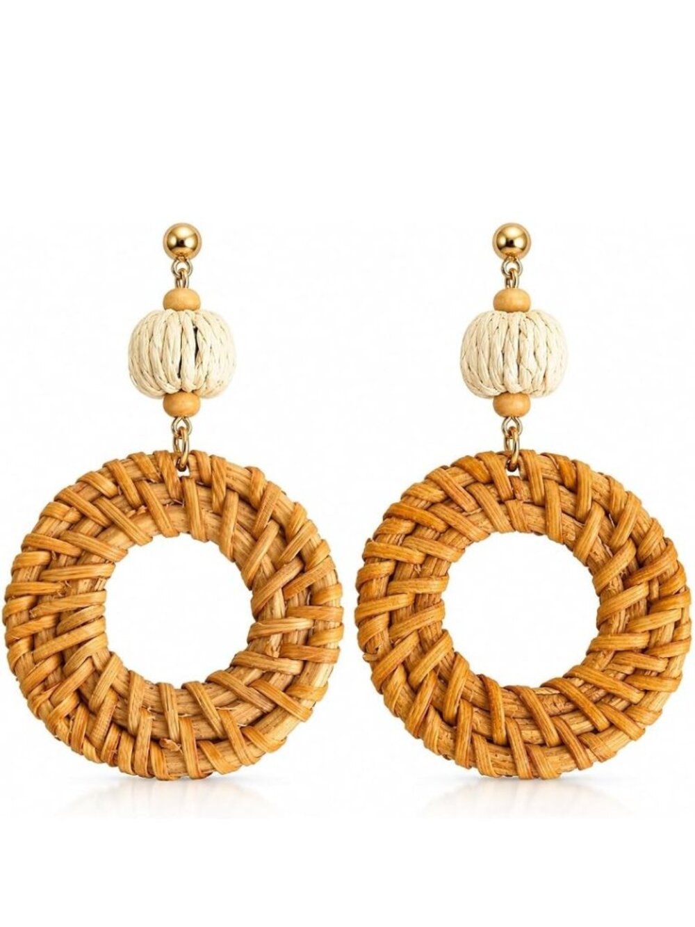Boho Beaded Circle Brown Woven Dangle Earrings